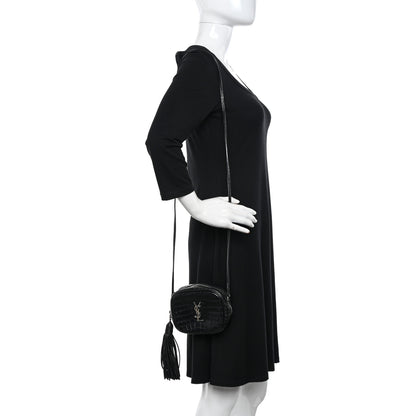 Saint Laurent Calfskin Crocodile Embossed Monogram Blogger Bag Black 2 of 11