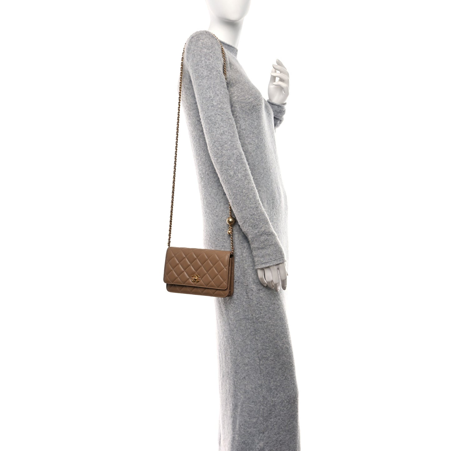 Lambskin Quilted CC Pearl Crush Wallet on Chain WOC Beige