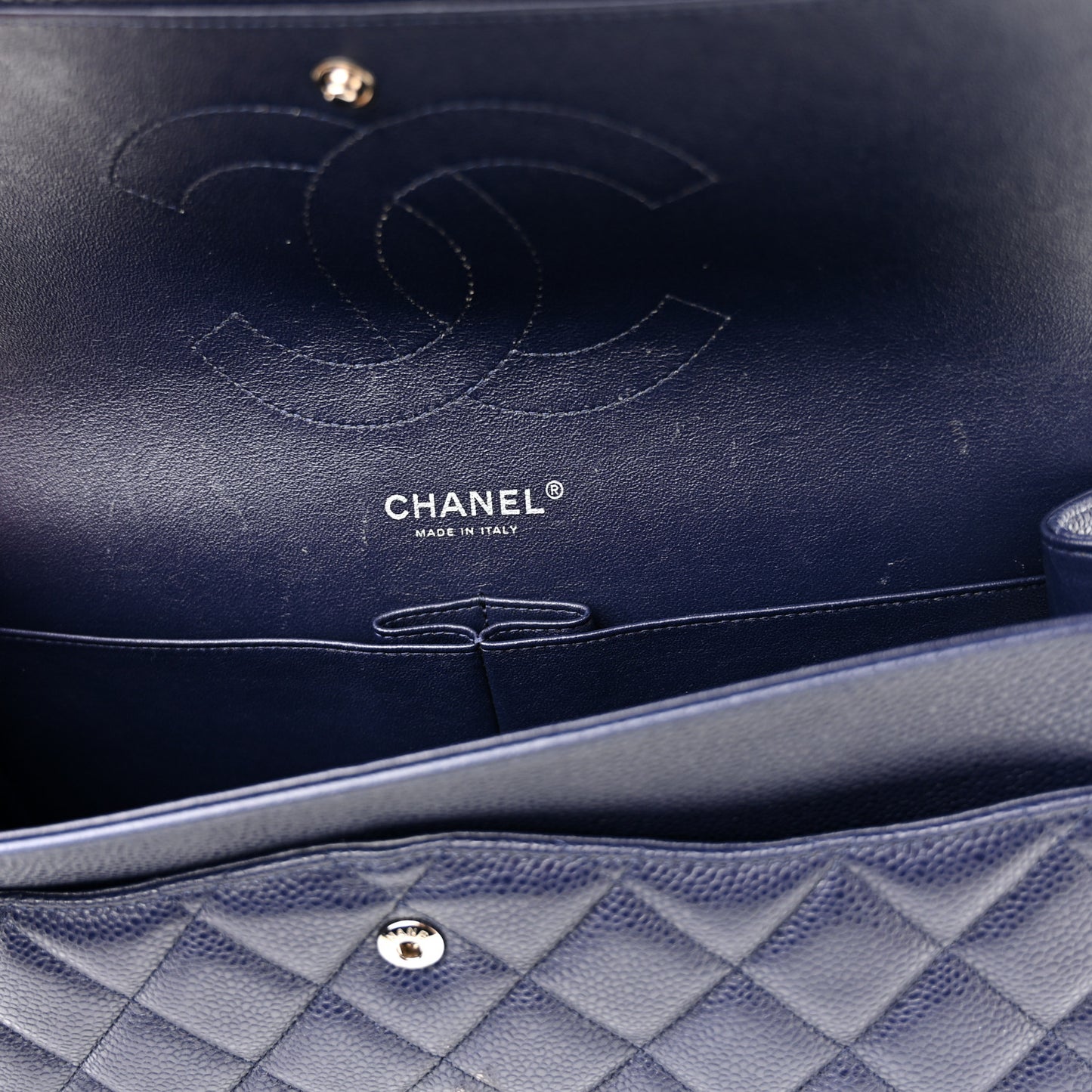 Caviar Quilted Jumbo Double Flap Navy Blue