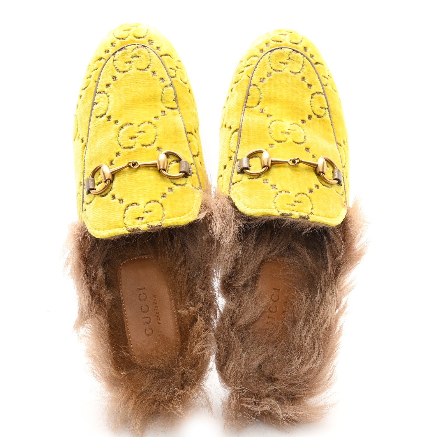 Gucci Velvet GG Monogram Fur Womens Princetown Slippers 35.5 Sunny Beige Mud Natural 2 of 9