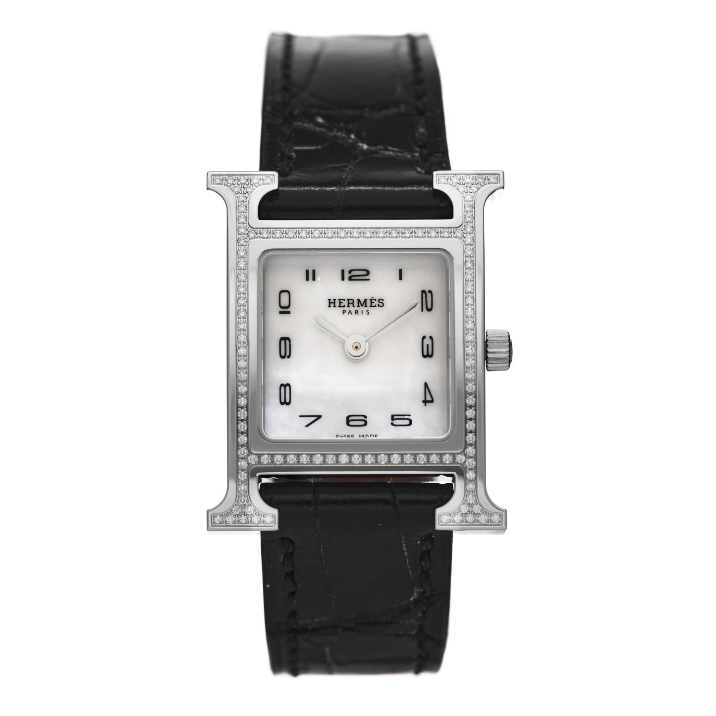 Stainless Steel Alligator Diamond Bezel Mother of Pearl 21mm Heure H Hour Quartz Watch Noir