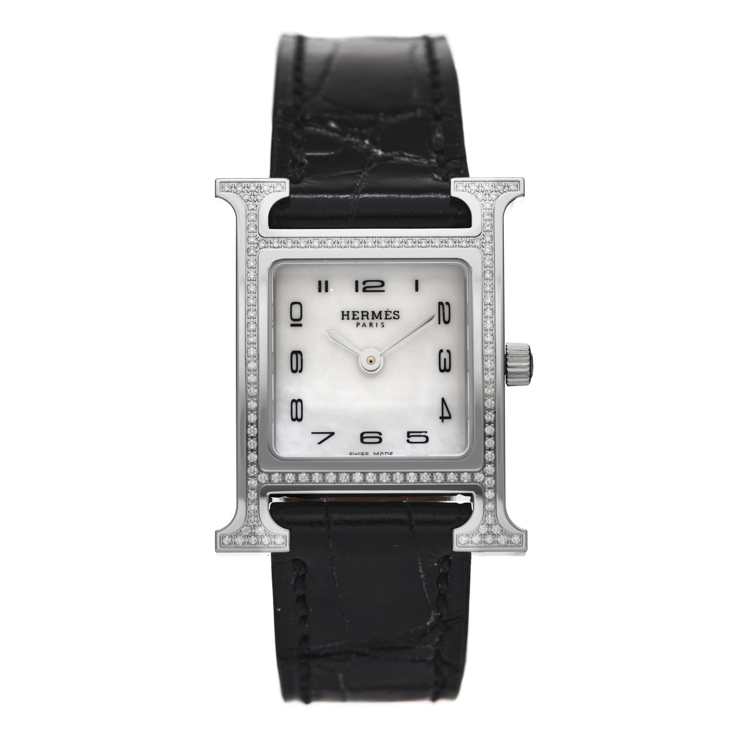 Hermes Stainless Steel Alligator Diamond Bezel Mother of Pearl 21mm Heure H Hour Quartz Watch Noir 1 of 5