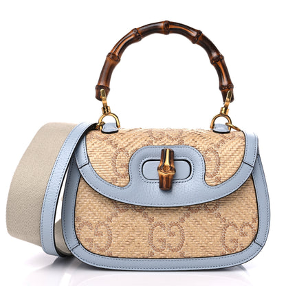 Gucci Raffia Textured Dollar Calfskin GG Monogram Small Bamboo 1947 Top Handle Bag Light Blue Natural 3 of 10