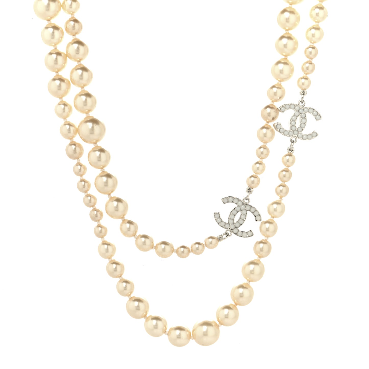 Graduated Pearl CC Long Necklace Silver