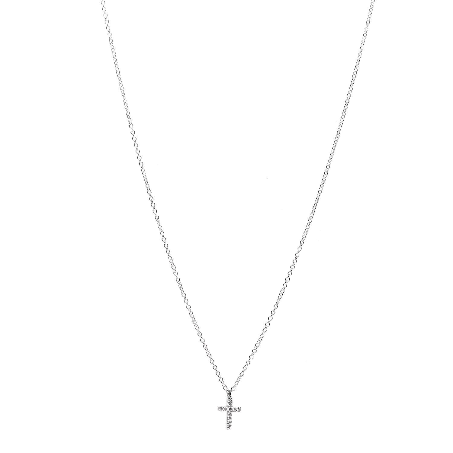 Tiffany 18K White Gold Diamond Mini Cross Pendant Necklace 1 of 5