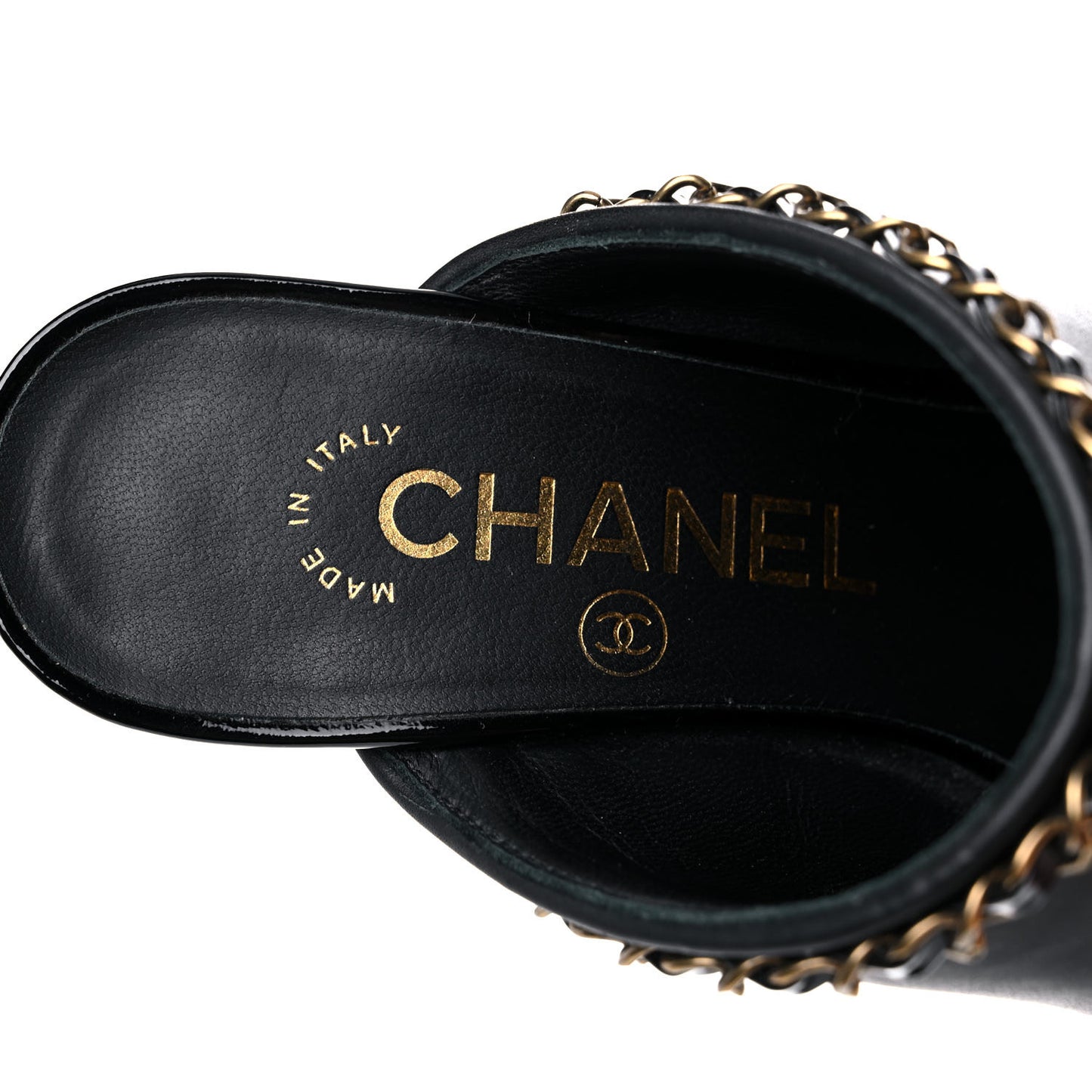 Calfskin Patent Cap Toe Chain Mule 35 Black