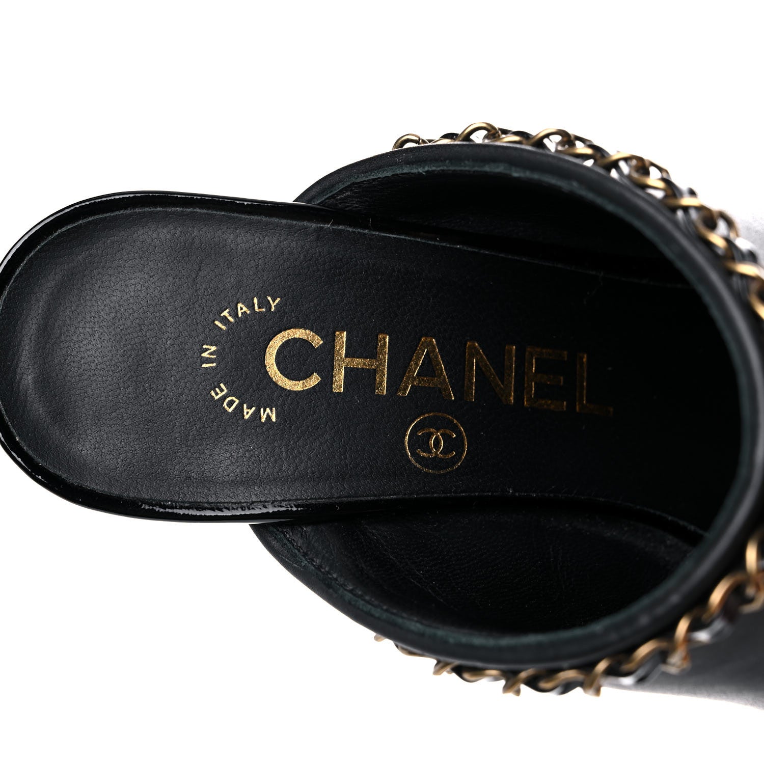 Chanel Calfskin Patent Cap Toe Chain Mule 35 Black 9 of 12