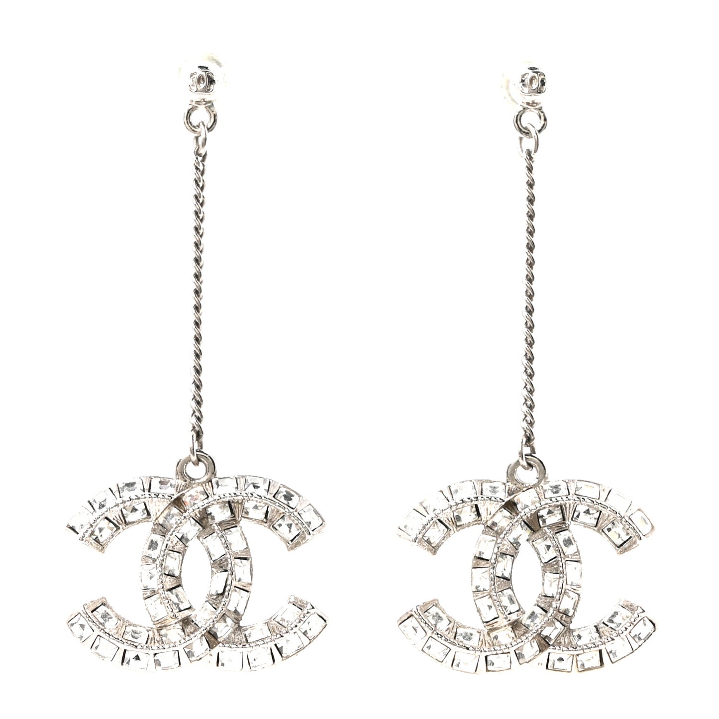 Baguette Crystal CC Drop Earrings Silver