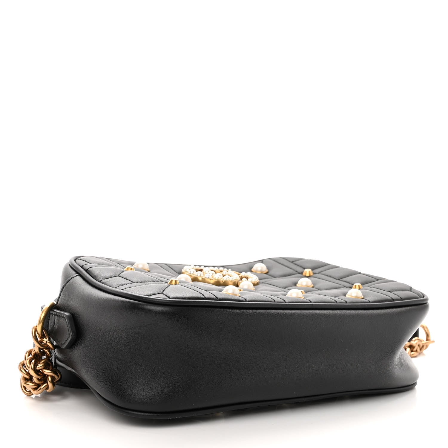 Gucci Calfskin Matelasse Studded Small Pearly GG Marmont Chain Shoulder Bag Black 3 of 9