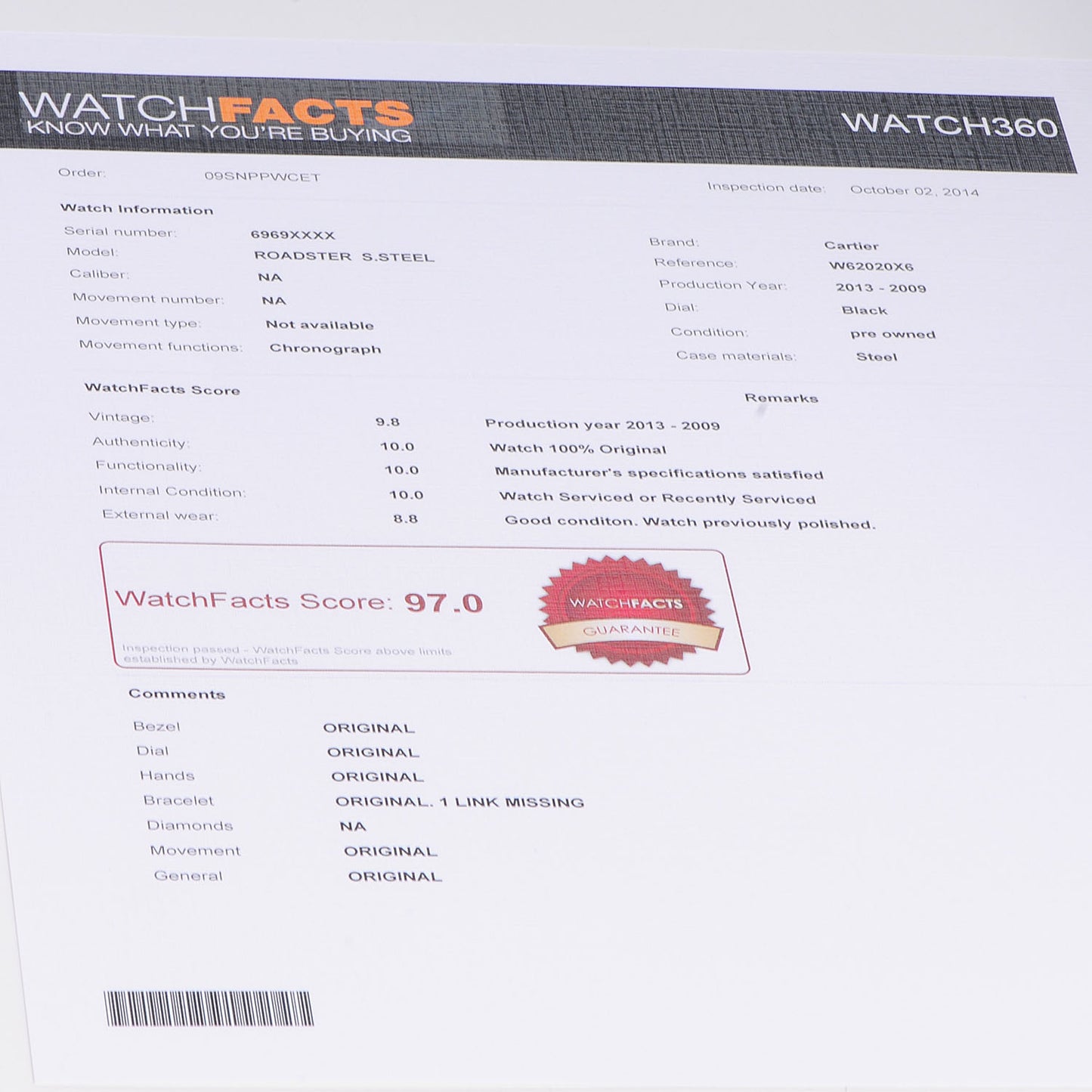 Stainless Steel 42mm Roadster Chronograph Automatic Watch Black