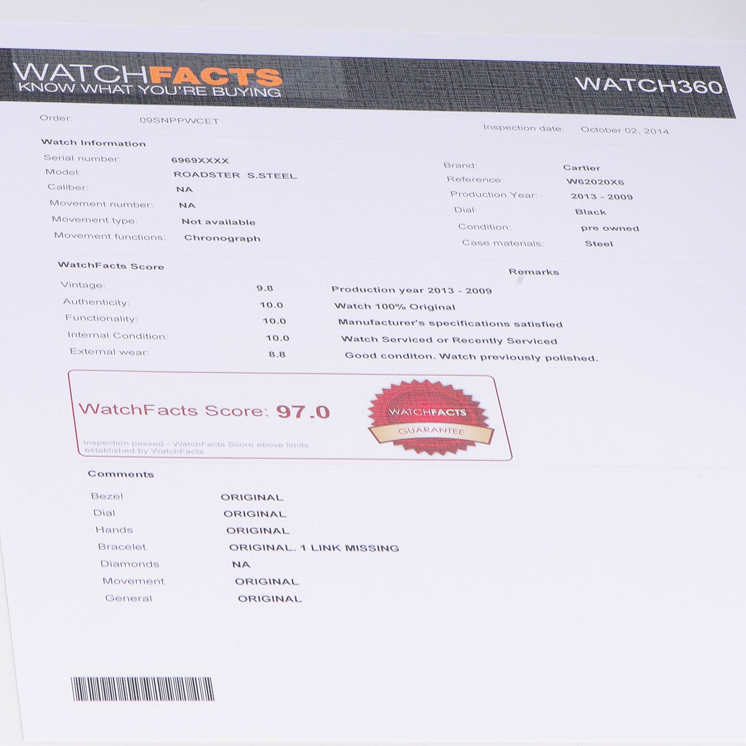 Cartier Stainless Steel 42mm Roadster Chronograph Automatic Watch Black 7 of 7