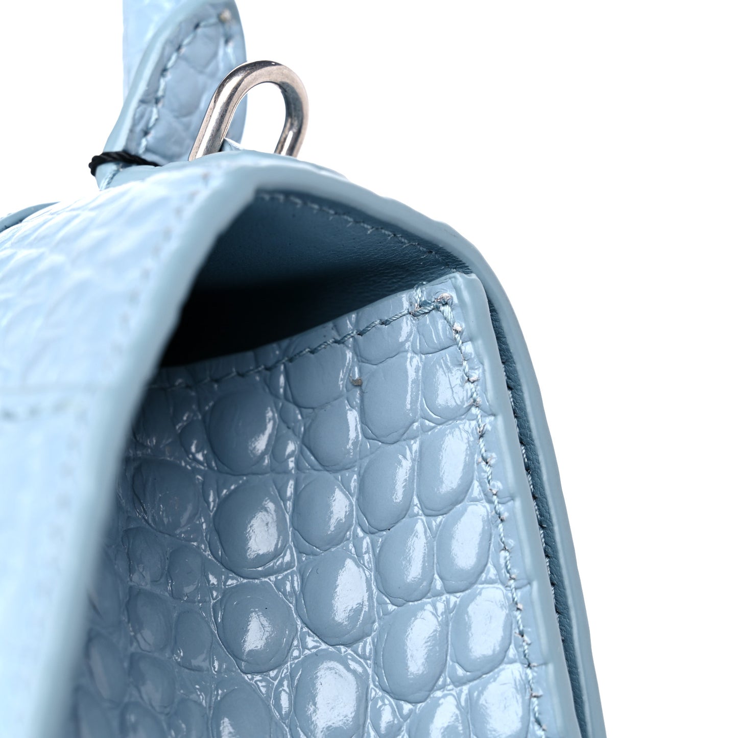 Shiny Calfskin Crocodile Embossed Small Hourglass Top Handle Bag Blue Grey