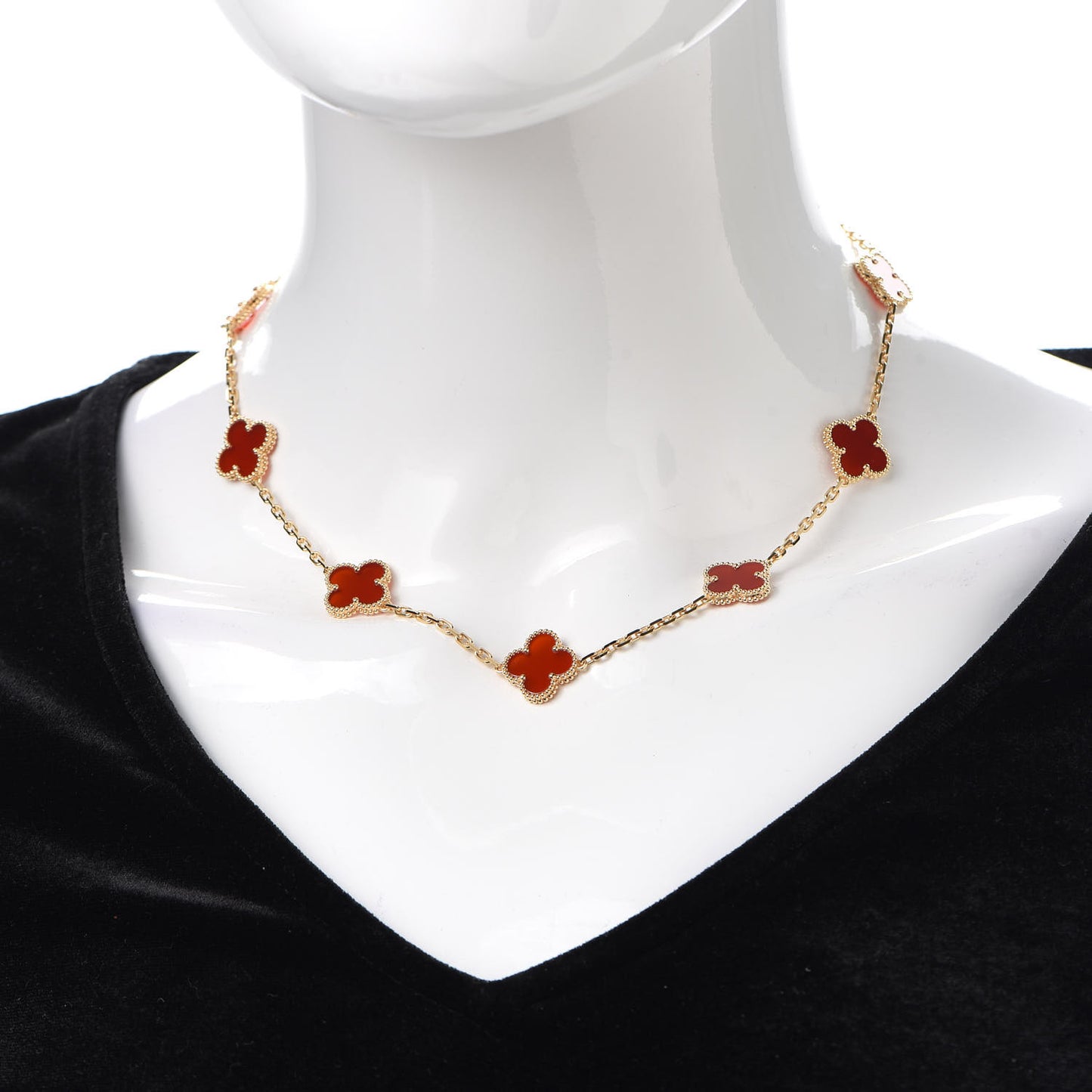 18K Yellow Gold Carnelian 10 Motifs Vintage Alhambra Necklace