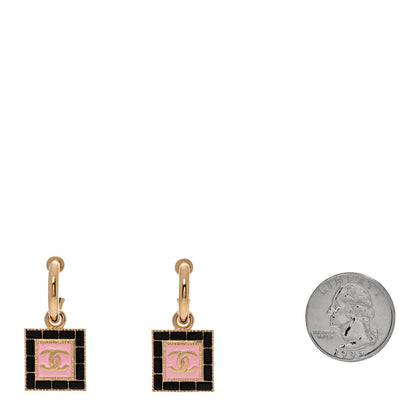 Chanel Metal Enamel CC Square Drop Earrings Gold Black Pink 2 of 5