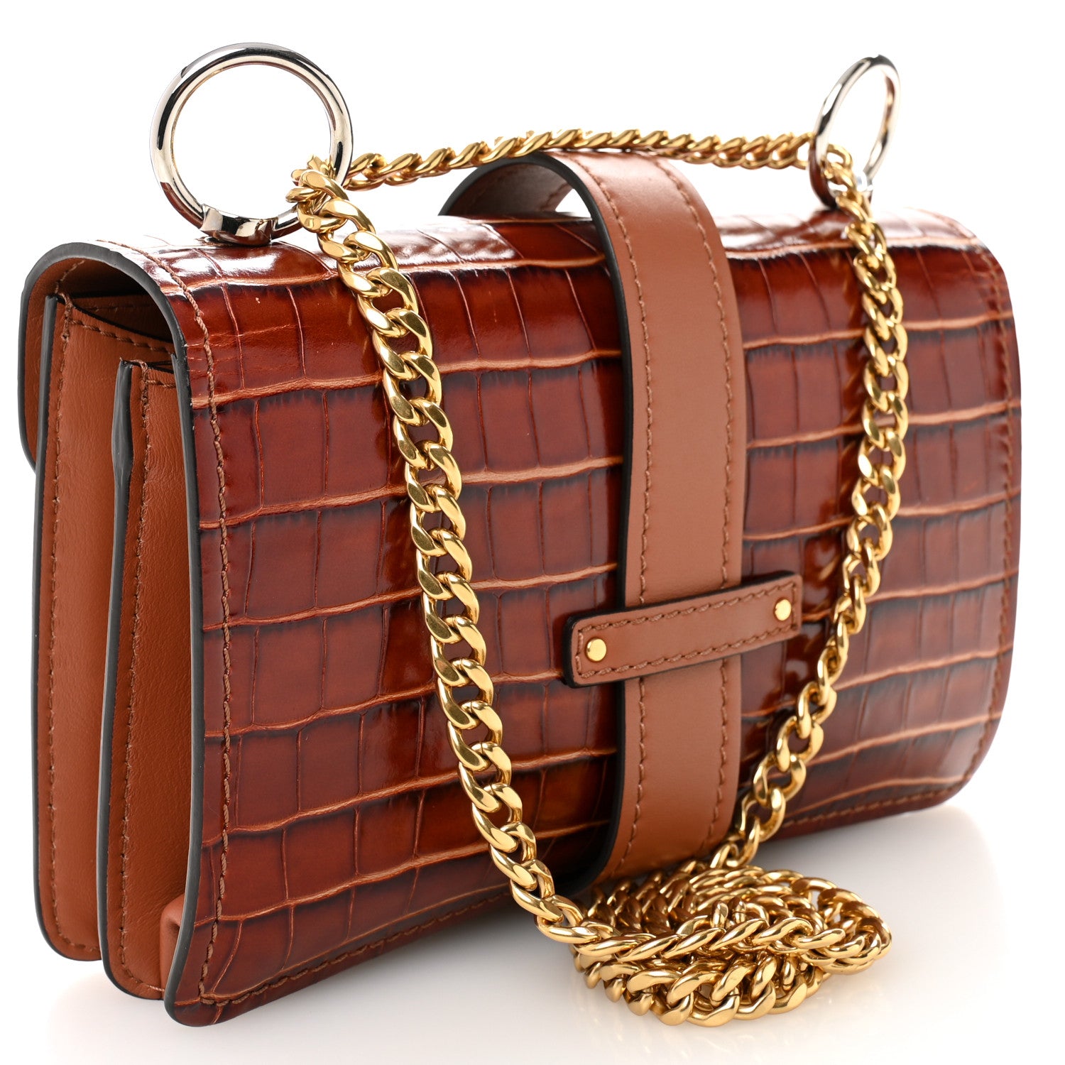 Chloe Calfskin Crocodile Embossed Aby Chain Shoulder Bag Chestnut Brown 3 of 12
