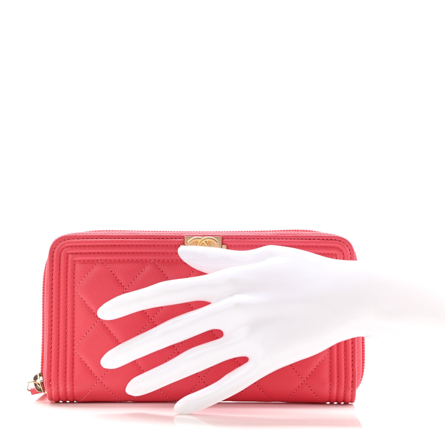 Caviar Quilted Large Boy Zip Around Wallet Coral