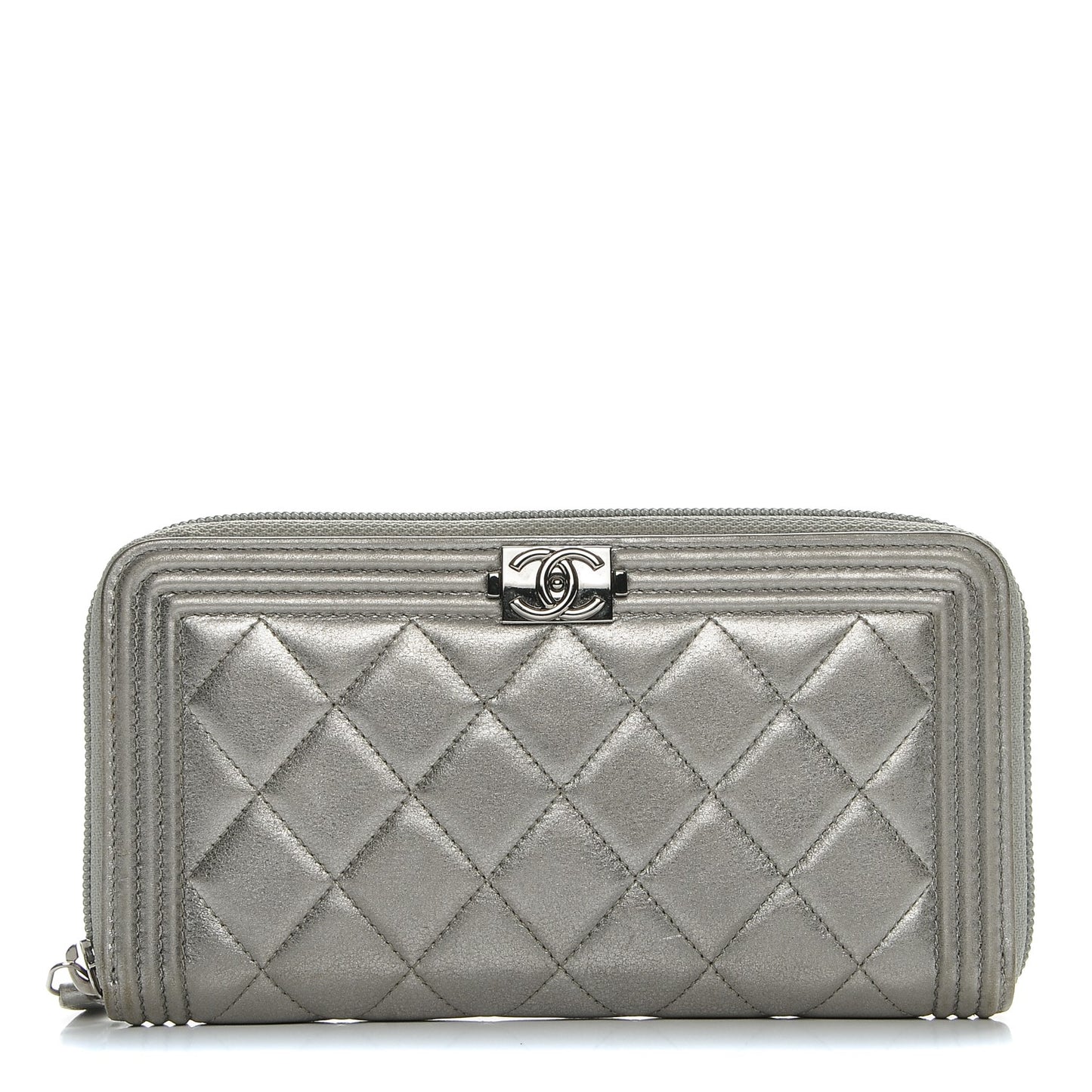Metallic Calfskin Quilted Boy Zip Around Wallet Silver