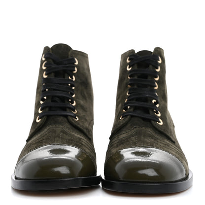 Chanel Suede Patent Cap Toe CC Boots 35.5 Khaki 3 of 10