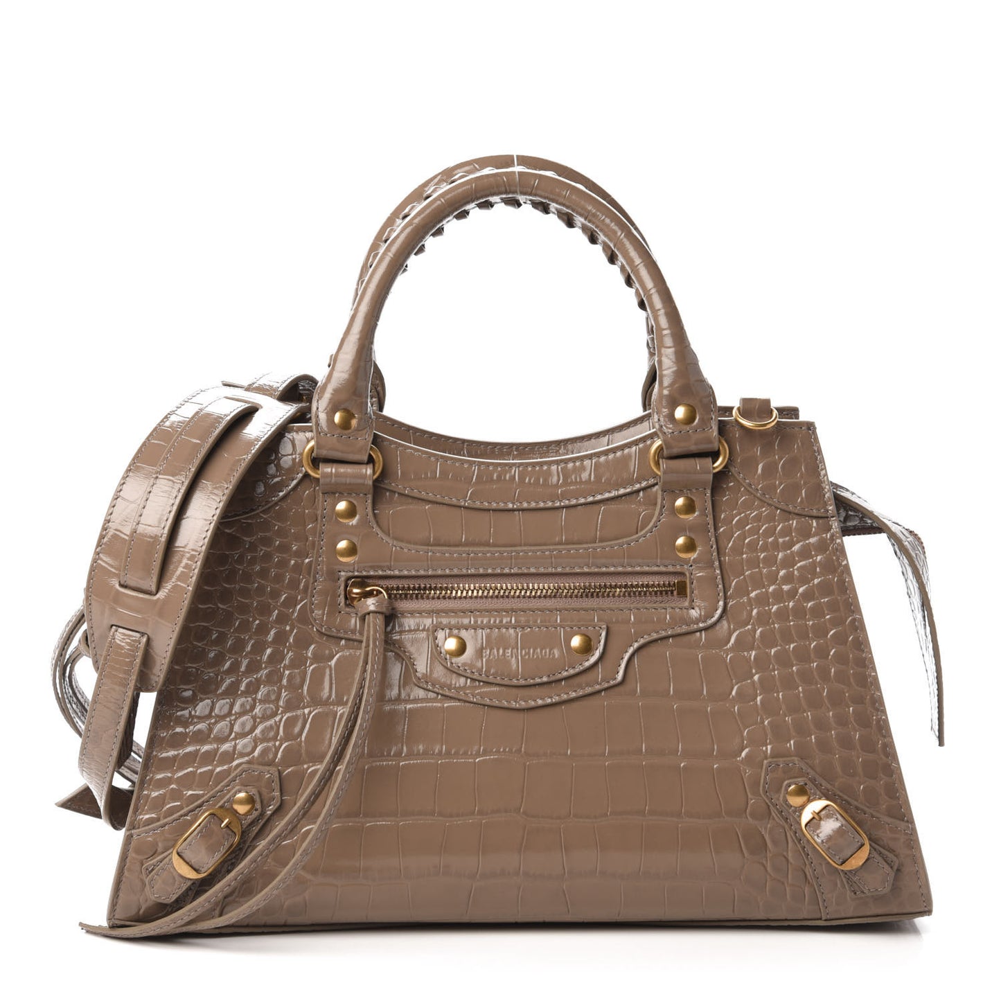 Shiny Supple Calfskin Crocodile Embossed Neo Classic Gold Hardware S City Mink Grey