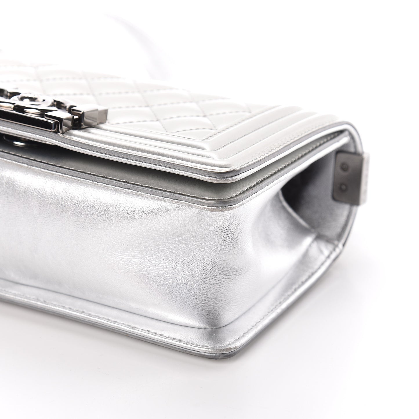 Metallic Patent Calfskin Quilted Small Boy Flap Silver