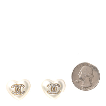Chanel Pearl Crystal CC Heart Earrings Gold 2 of 5