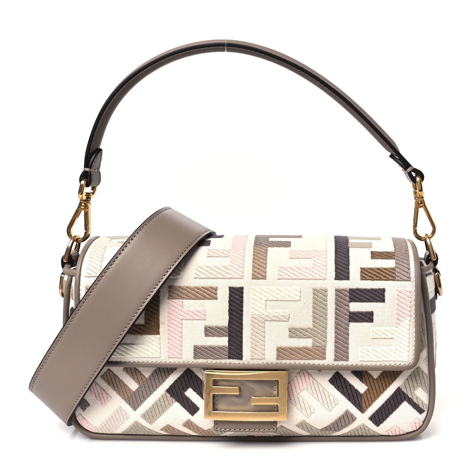 Fendi Canvas Vitello Seta FF Multicolor Embroidered Baguette Grezzo Multicolor Tortora 1 of 12