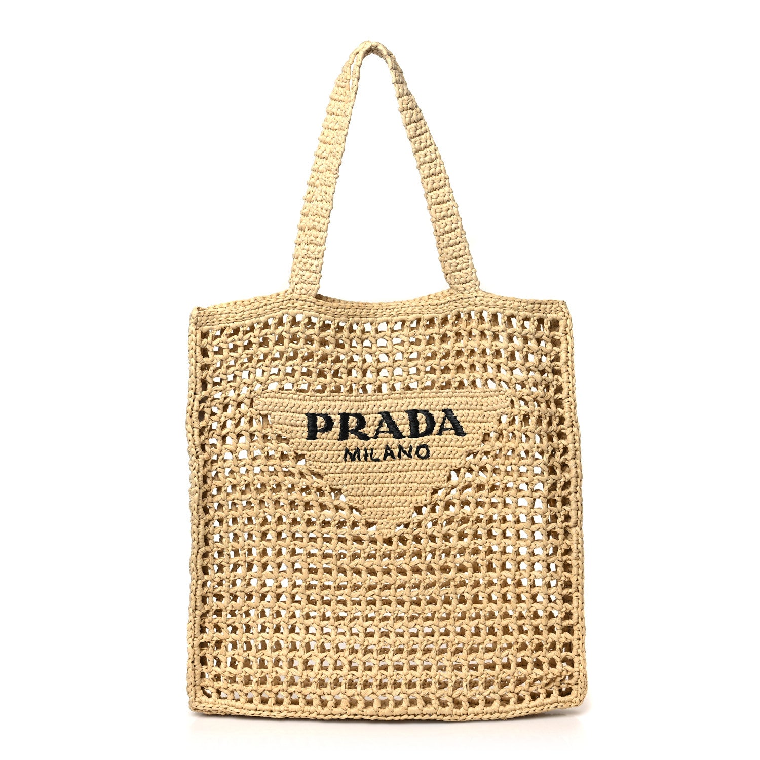 Prada Yarn Raffia Effect Crochet Logo Embroidered Tote Bag Naturale 1 of 8