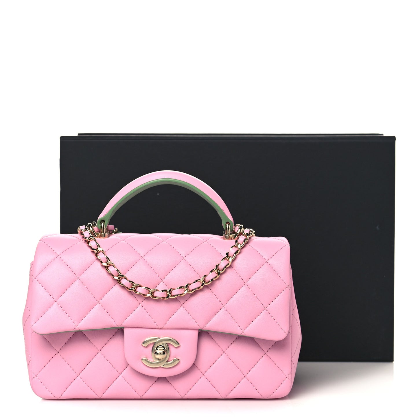 Lambskin Quilted Mini Top Handle Rectangular Flap Lilac Light Green