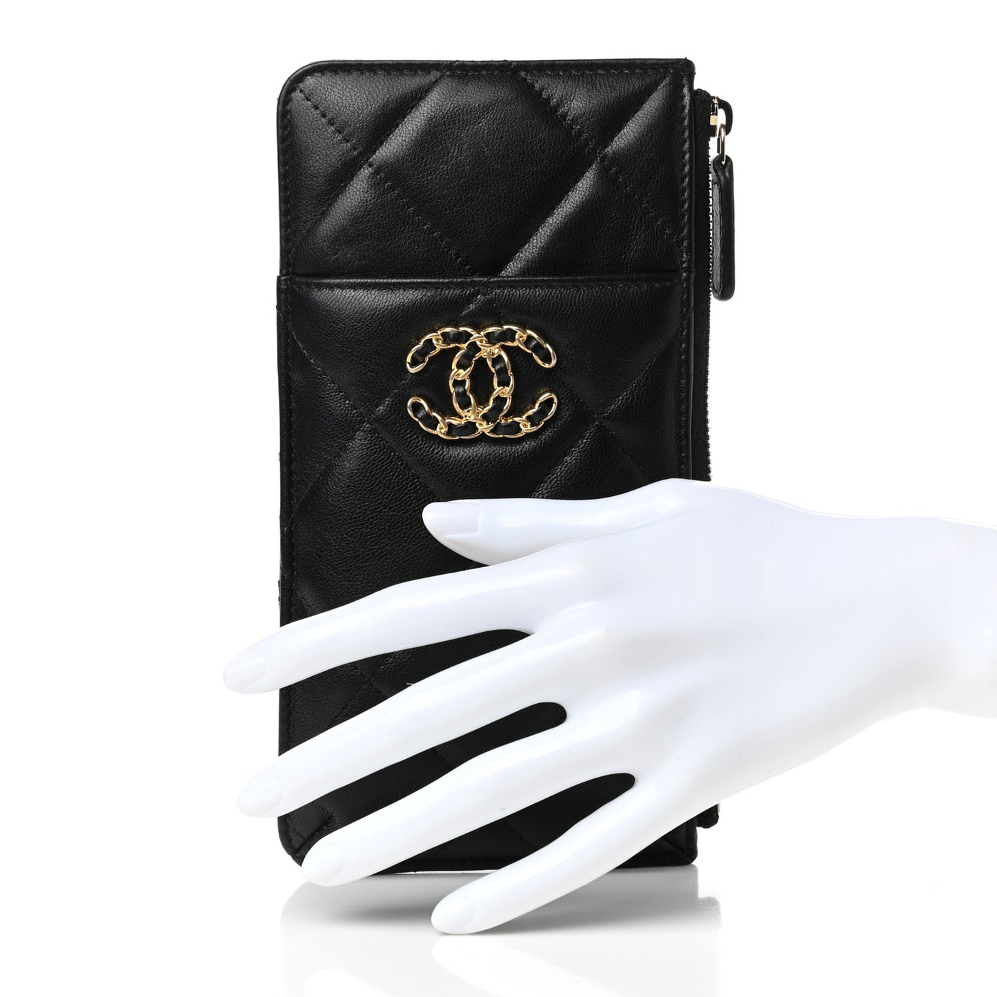 Lambskin Quilted Chanel 19 Phone and Card Holder Black