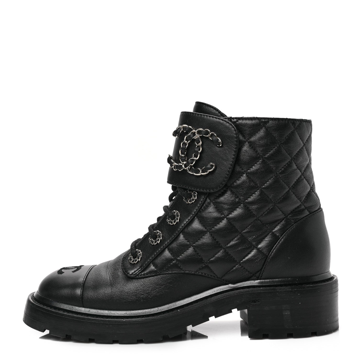 Chanel Shiny Calfskin Quilted Lace Up Combat Boots 38 Black 1 of 7