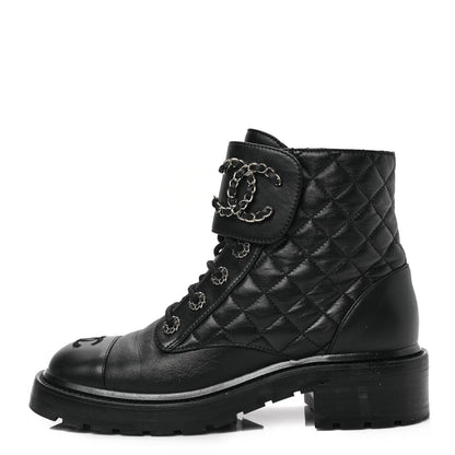 Chanel Shiny Calfskin Quilted Lace Up Combat Boots 38 Black 1 of 7
