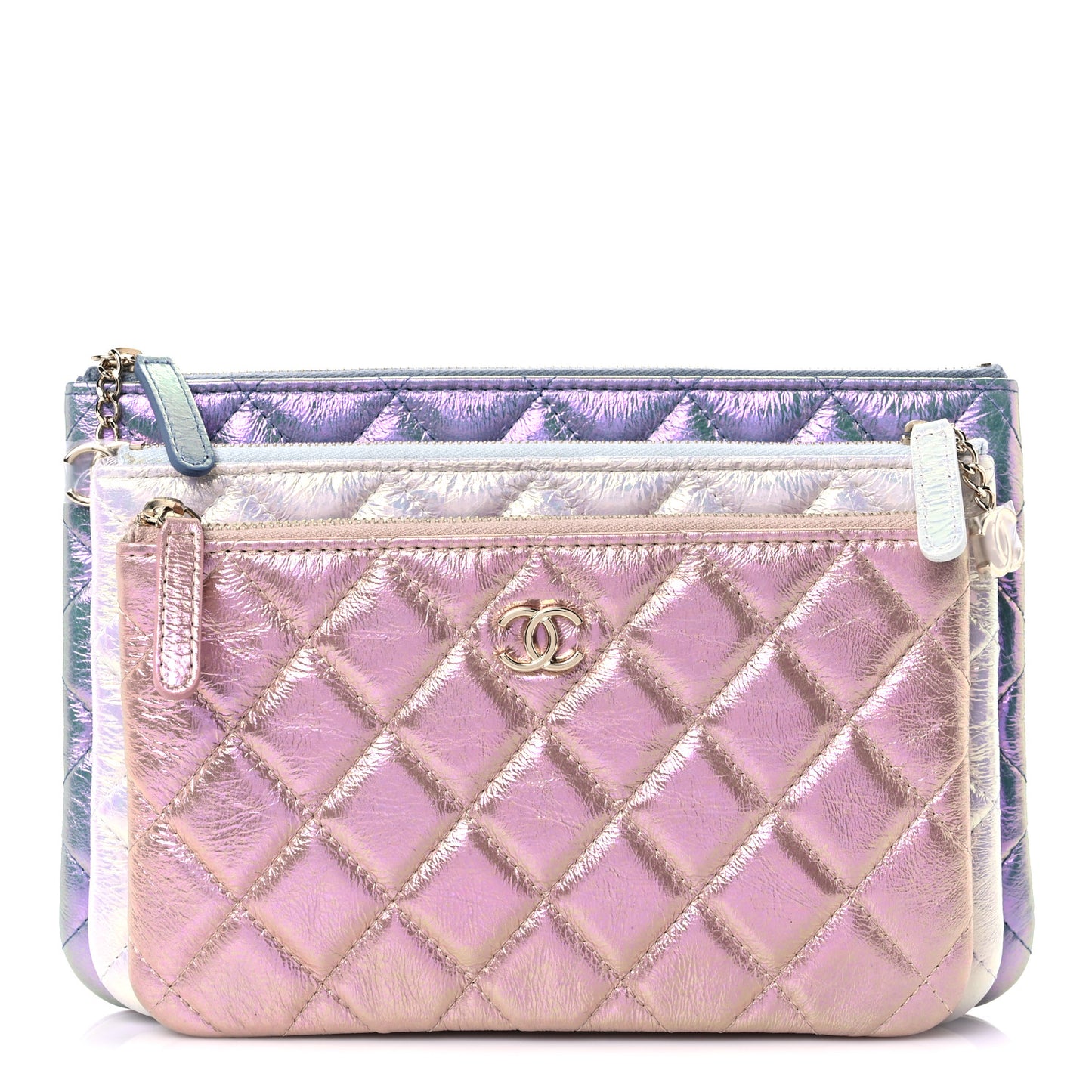 Iridescent Crumpled Calfskin Trio Cosmetic Case Blue Pink Ivory