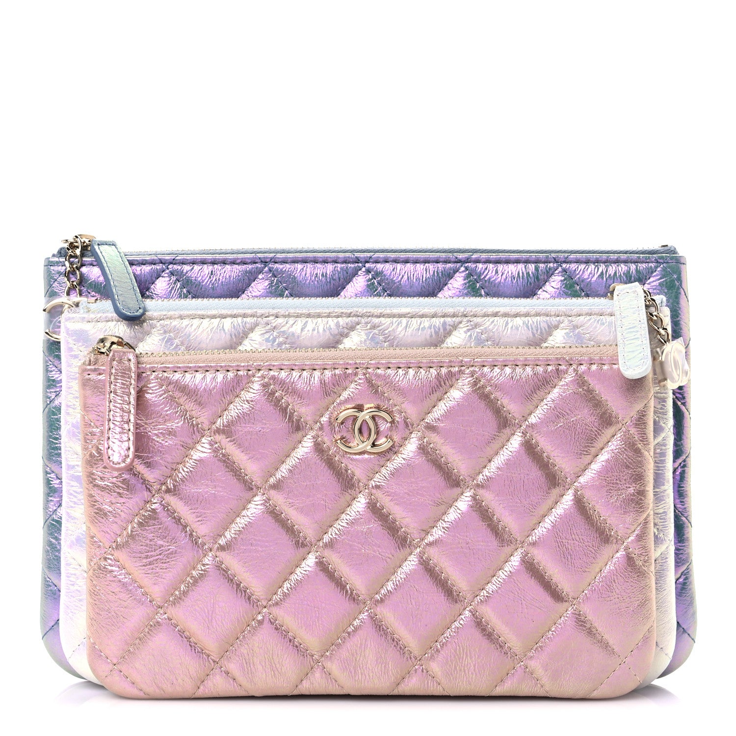 Chanel Iridescent Crumpled Calfskin Trio Cosmetic Case Blue Pink Ivory 1 of 12