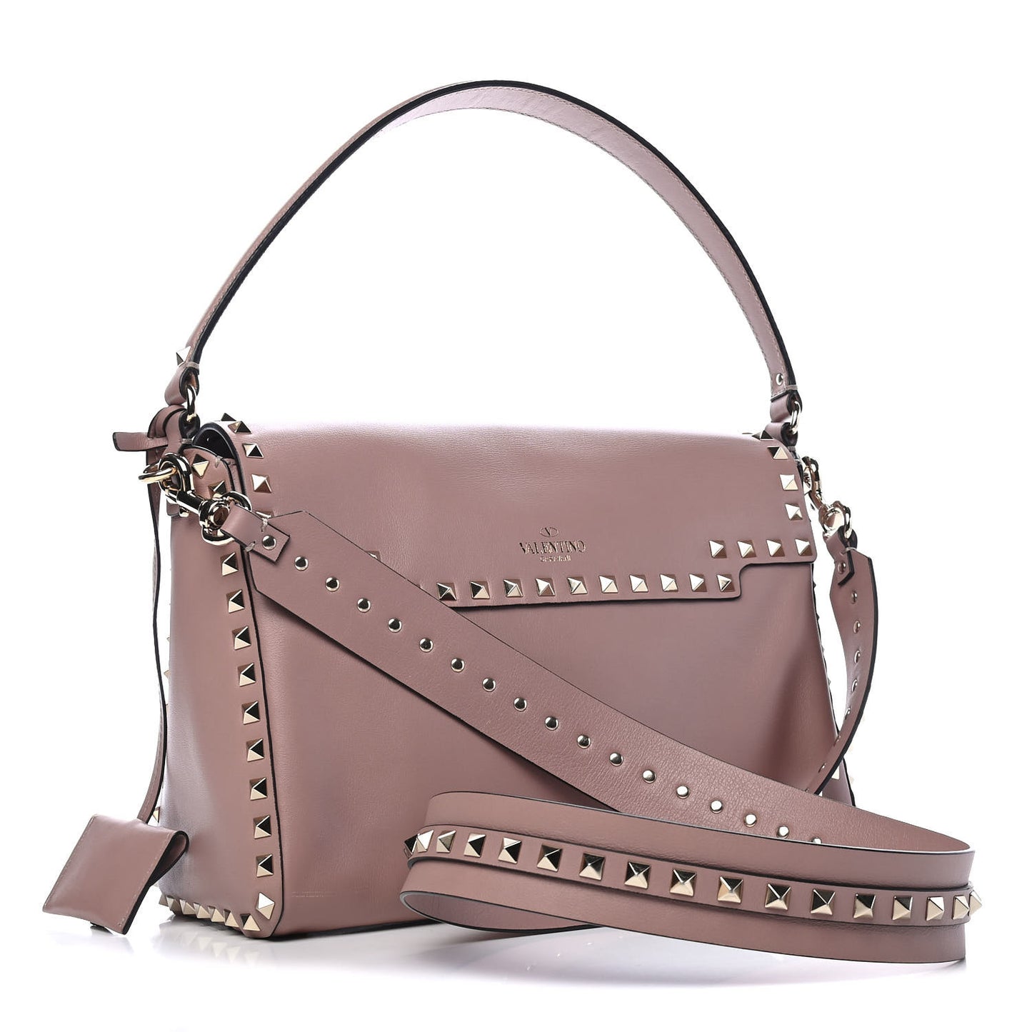 Smooth Calfskin Rockstud Top Handle Shoulder Bag Beige