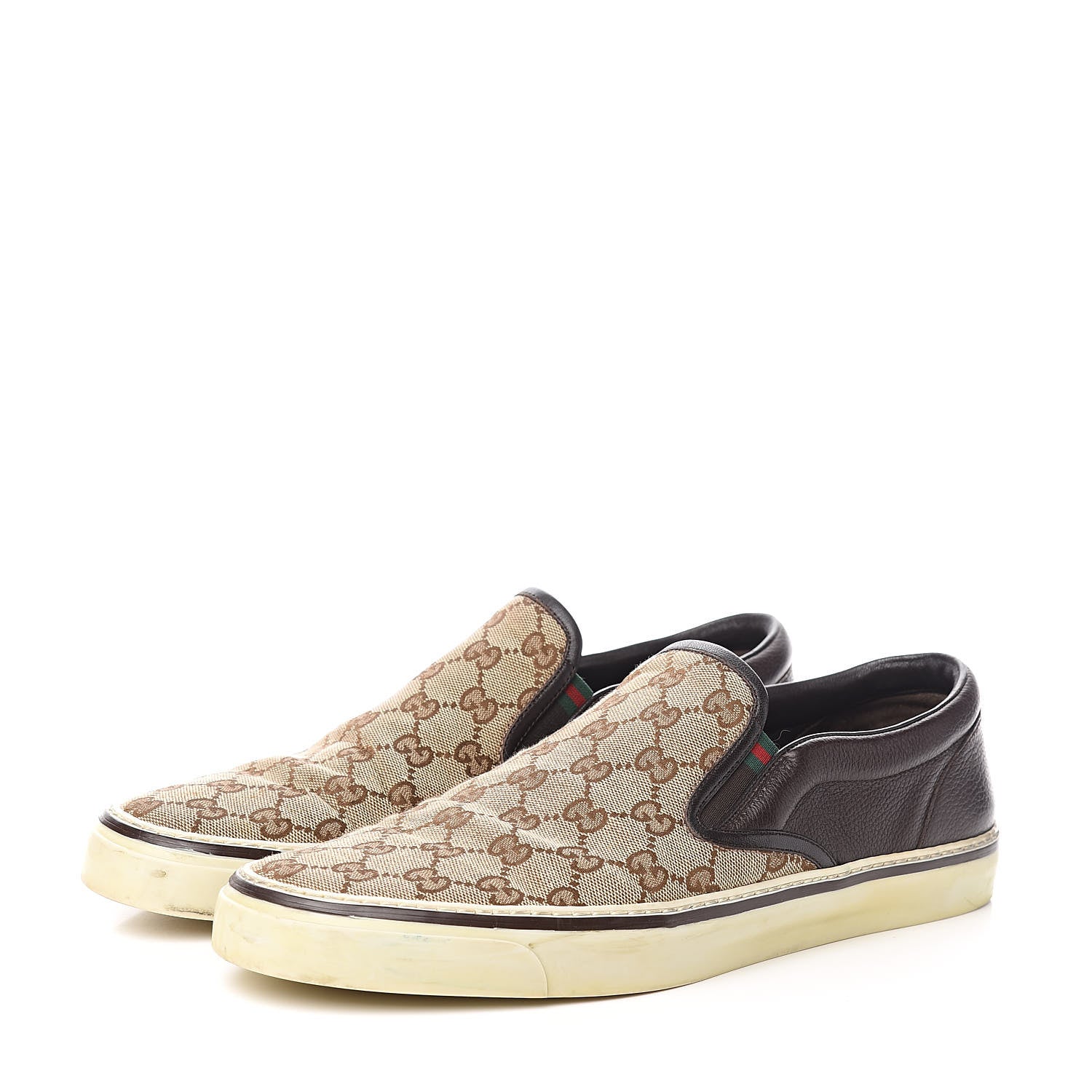 Gucci Monogram Calfskin Mens Web Slip On Sneakers 13 Chocolate 3 of 11