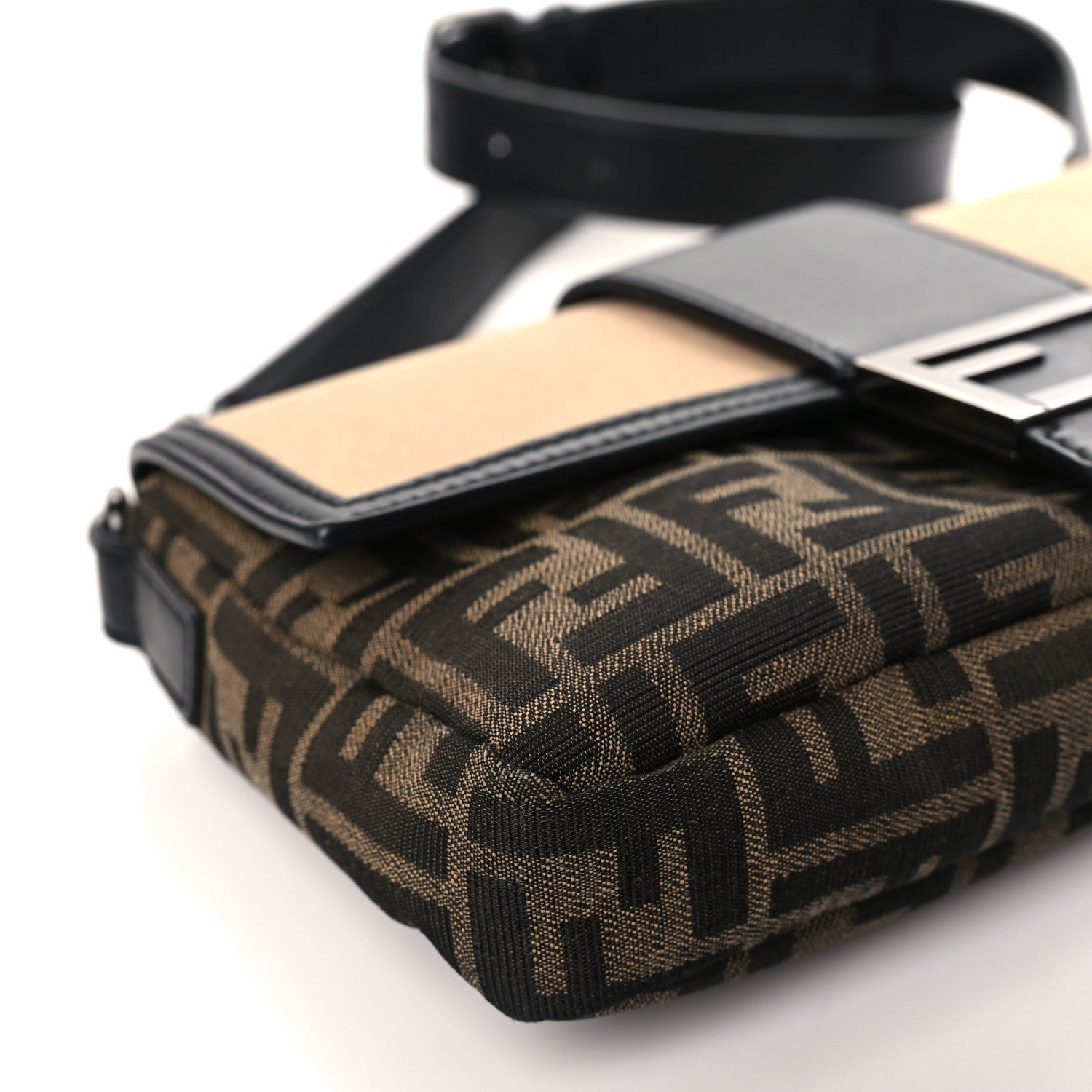 Fendi Recycled Fabric Jacquard Cotton Canvas Vitello Grace FF 1974 Belt Baguette Bag Tobacco Moro Black Beige 8 of 9