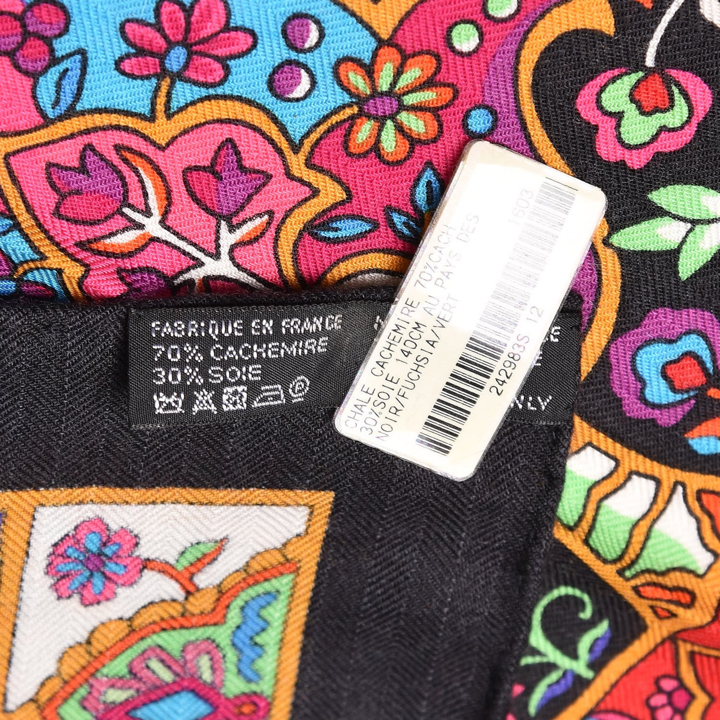 Cashmere Silk Au Pays Des Oiseaux Fleurs Shawl 140 Black Fuchsia Vert
