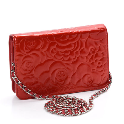 Chanel Patent Camellia Embossed Wallet On Chain WOC Dark Red 3 of 12