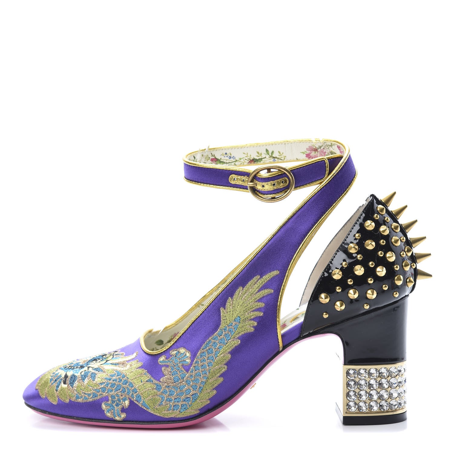 Gucci Satin Embroidered Dragon Caspar Pumps 38 Purple Oro Vecchio Black 1 of 13