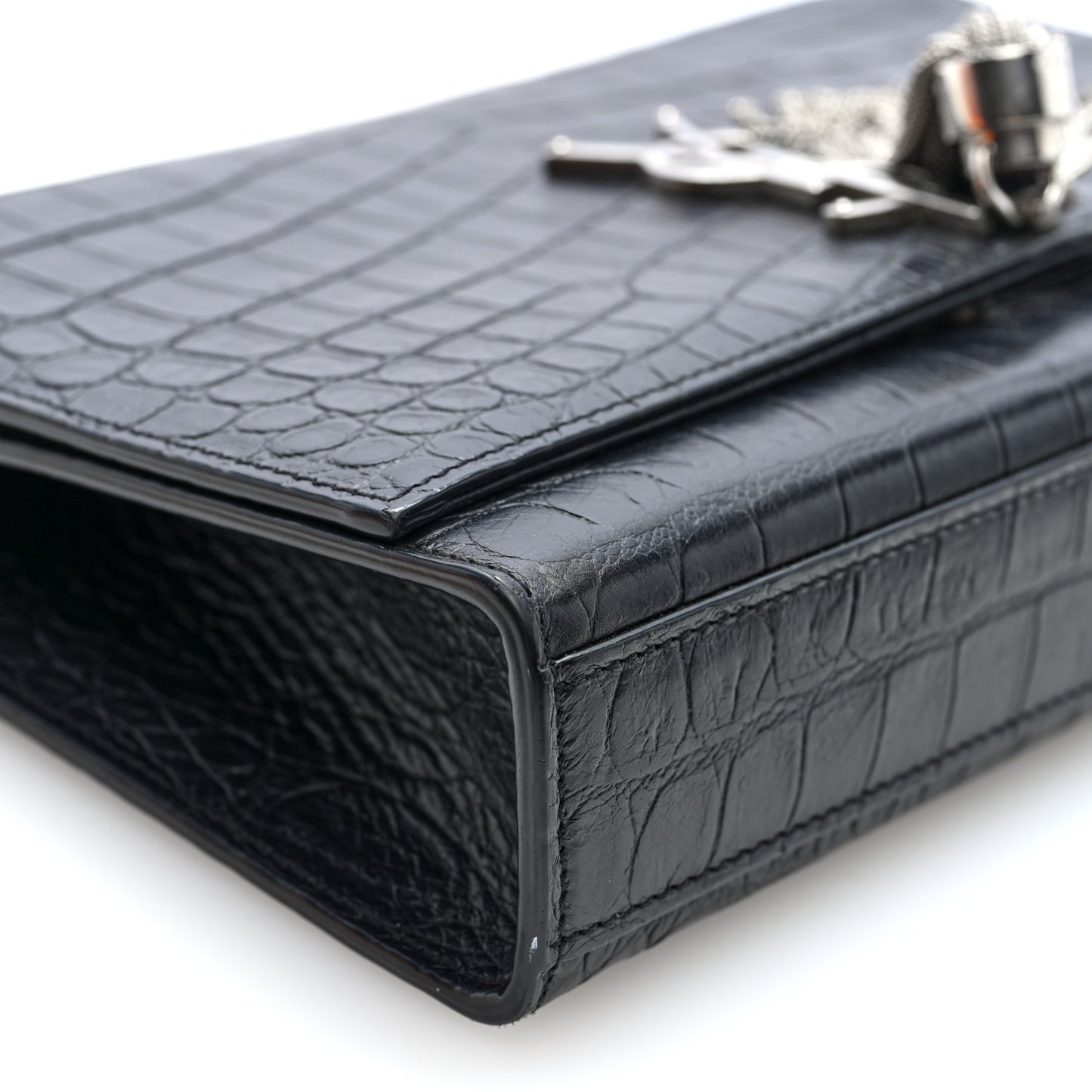 Calfskin Crocodile Embossed Medium Classic Monogram Kate Tassel Satchel Black