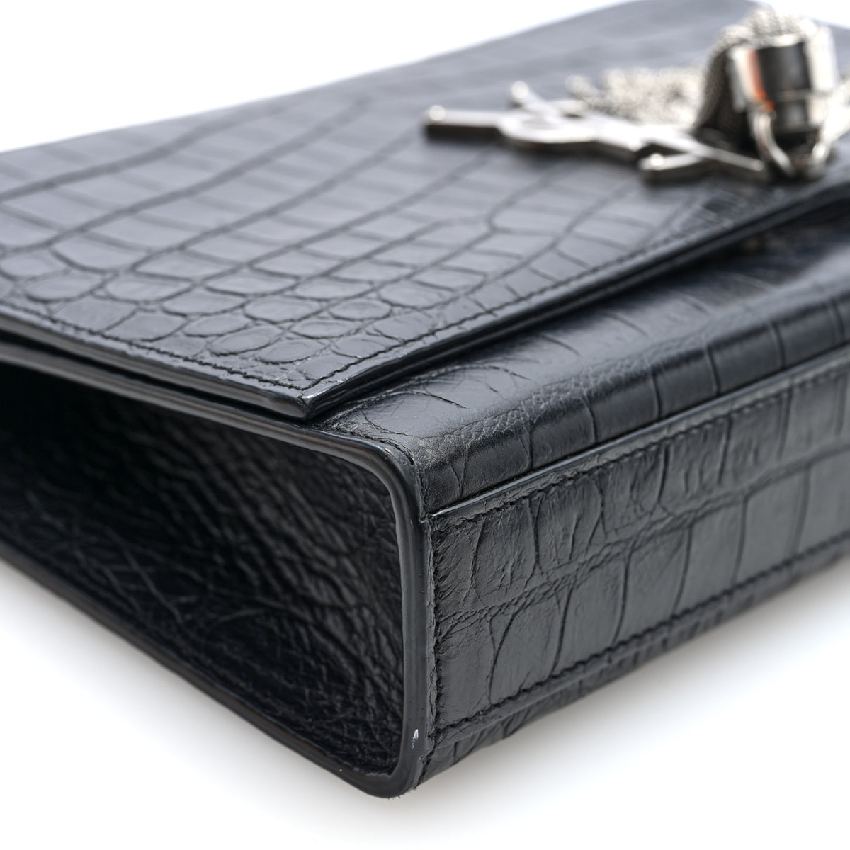 Saint Laurent Calfskin Crocodile Embossed Medium Classic Monogram Kate Tassel Satchel Black 8 of 9