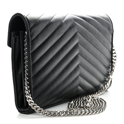 Saint Laurent Grain De Poudre Matelasse Chevron Monogram Chain Wallet Black 3 of 16