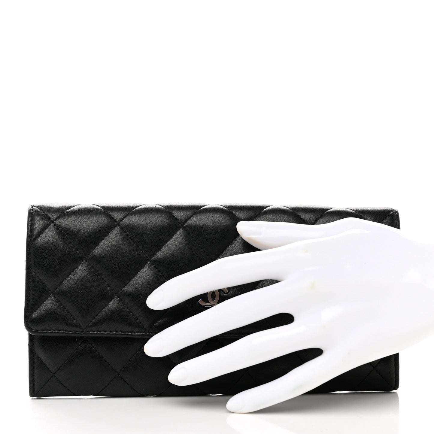 Lambskin Quilted Large Gusset Flap Wallet Black