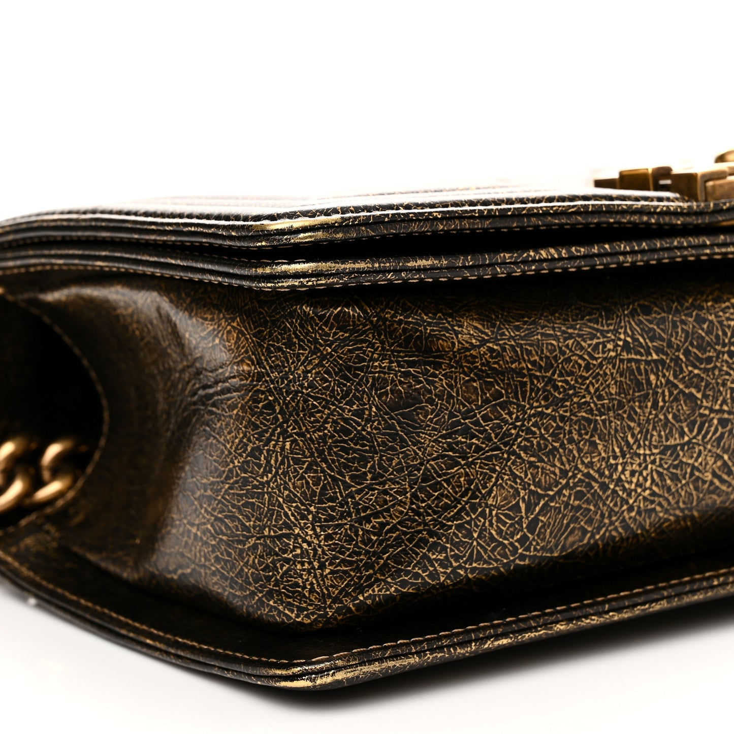 Cracked Metallic Calfskin Quilted Medium Boy Flap Gold