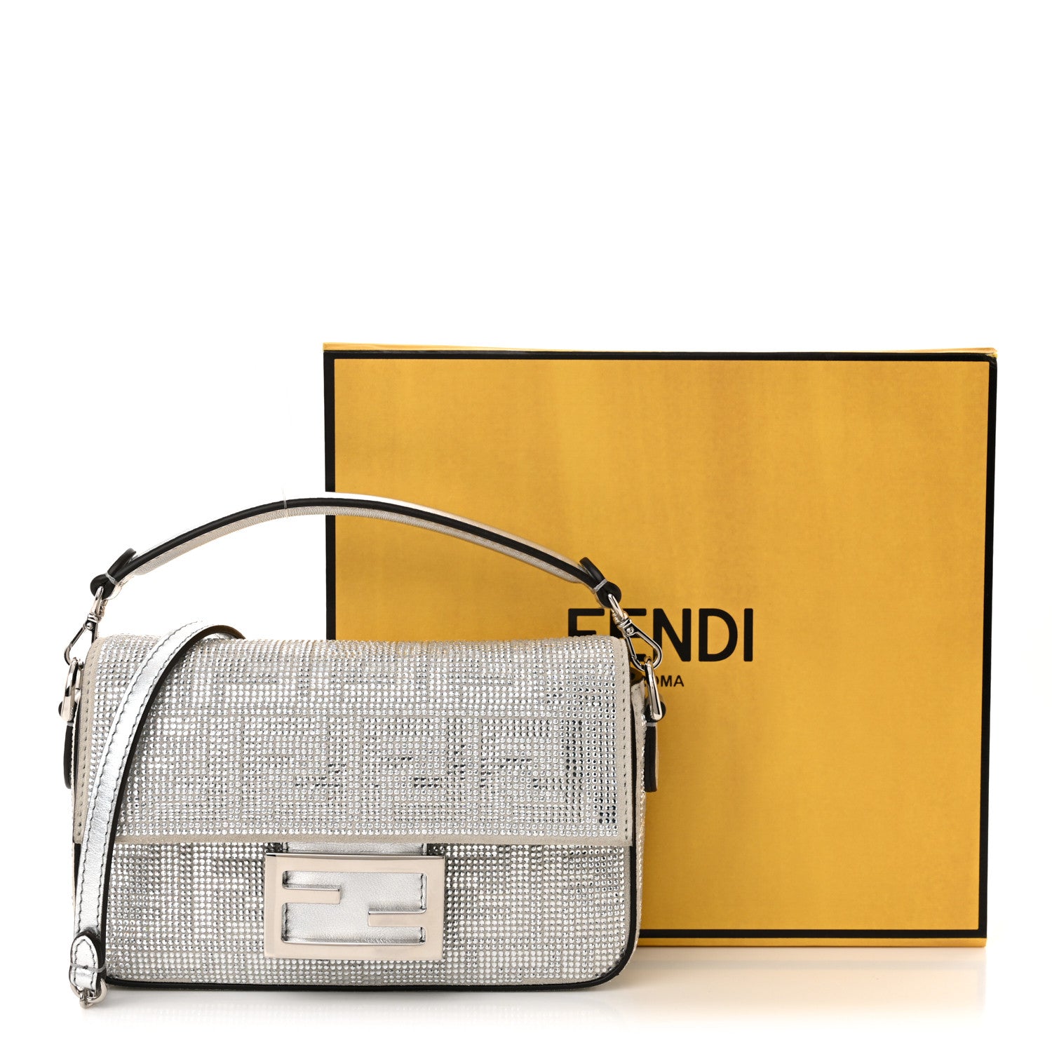 Fendi Crystal Vitello Laminato FF Mini Baguette Crystal Argento 13 of 13