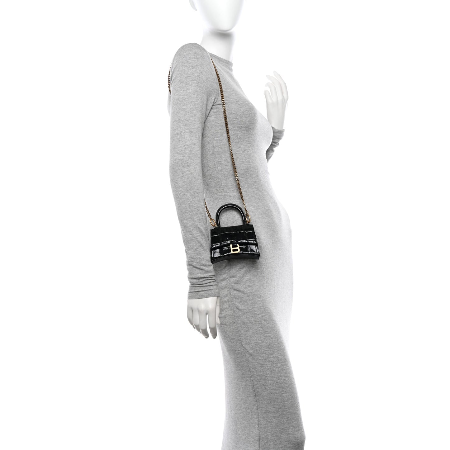 Shiny Calfskin Crocodile Embossed Hourglass Top Handle Bag Mini with Chain Black
