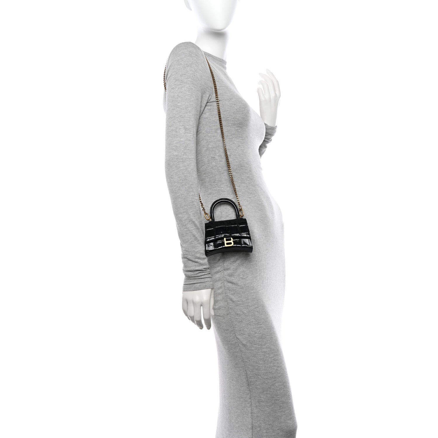 Balenciaga Shiny Calfskin Crocodile Embossed Hourglass Top Handle Bag Mini with Chain Black 3 of 10