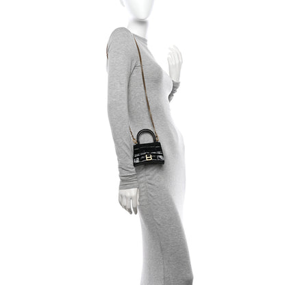 Balenciaga Shiny Calfskin Crocodile Embossed Hourglass Top Handle Bag Mini with Chain Black 3 of 10