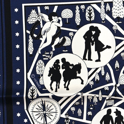 Hermes Silk Les Nouveaux Amoureux de Paris Bandana Scarf 55 Bleu Canard Black Gris 2 of 3