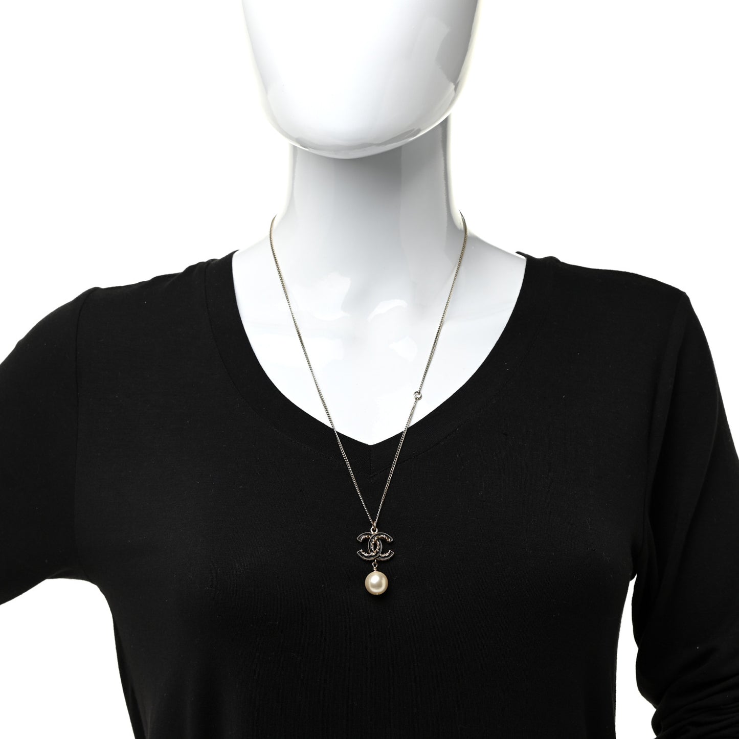 Enamel Pearl CC Baroque Drop Necklace Black Gold